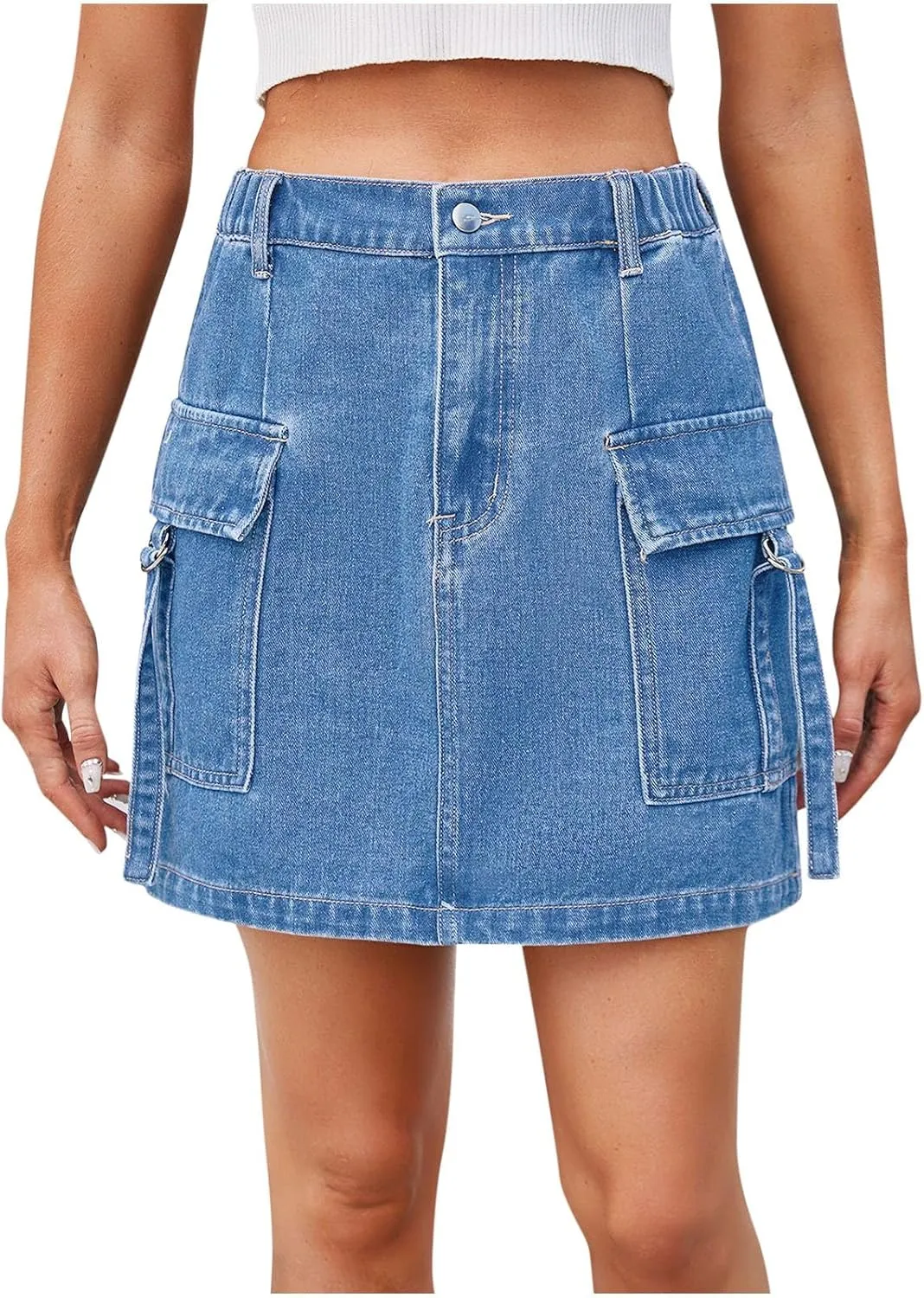 Womens Mini Denim Skirts High Waisted Jean Skirt Elastic Stretchy Cargo Skirts Casual A Line Skirts with Pocket