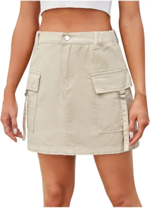 Womens Mini Denim Skirts High Waisted Jean Skirt Elastic Stretchy Cargo Skirts Casual A Line Skirts with Pocket