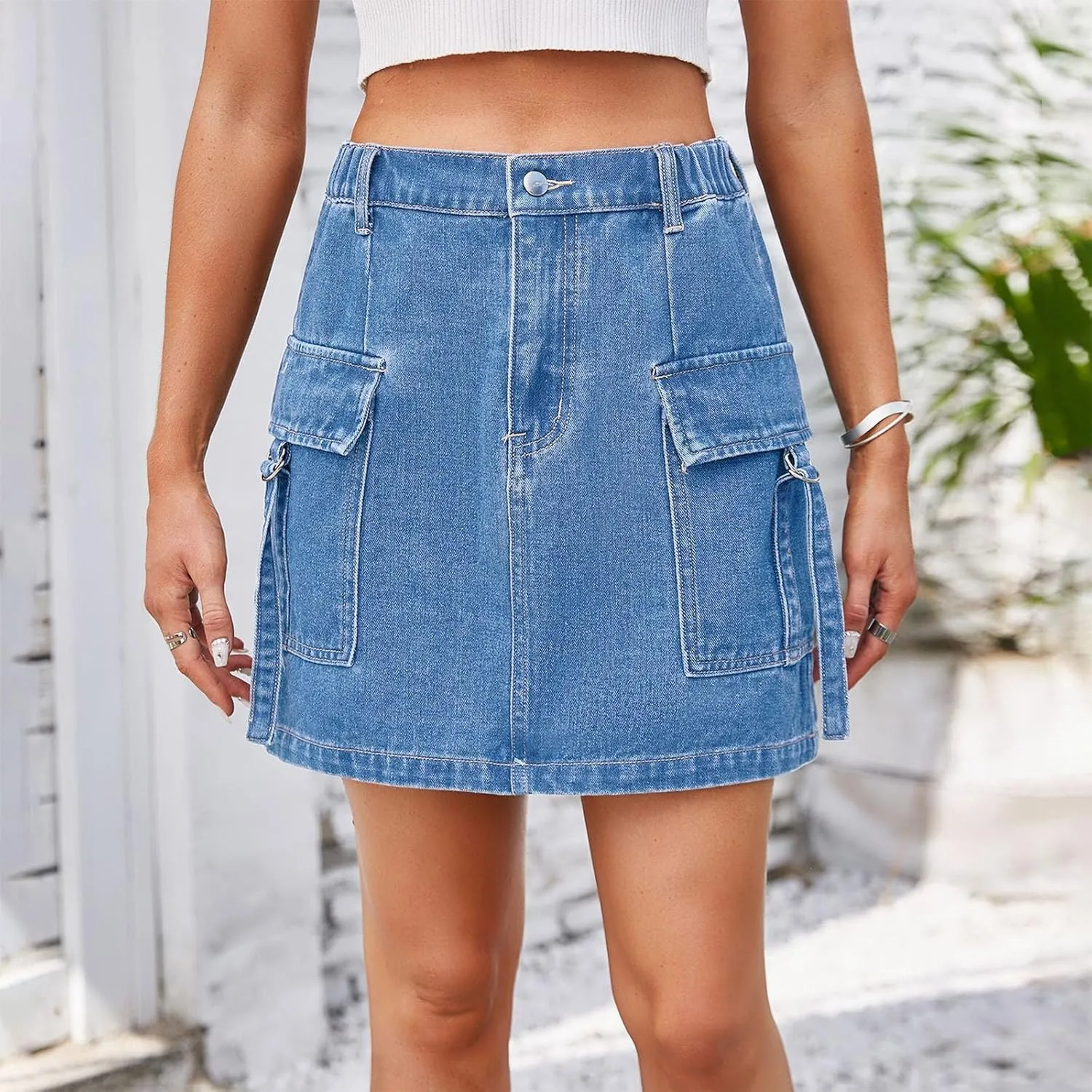 Womens Mini Denim Skirts High Waisted Jean Skirt Elastic Stretchy Cargo Skirts Casual A Line Skirts with Pocket