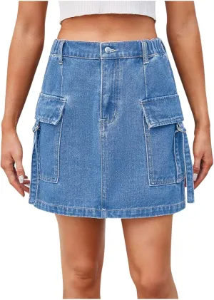 Womens Mini Denim Skirts High Waisted Jean Skirt Elastic Stretchy Cargo Skirts Casual A Line Skirts with Pocket