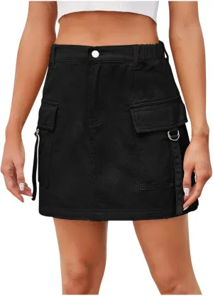 Womens Mini Denim Skirts High Waisted Jean Skirt Elastic Stretchy Cargo Skirts Casual A Line Skirts with Pocket