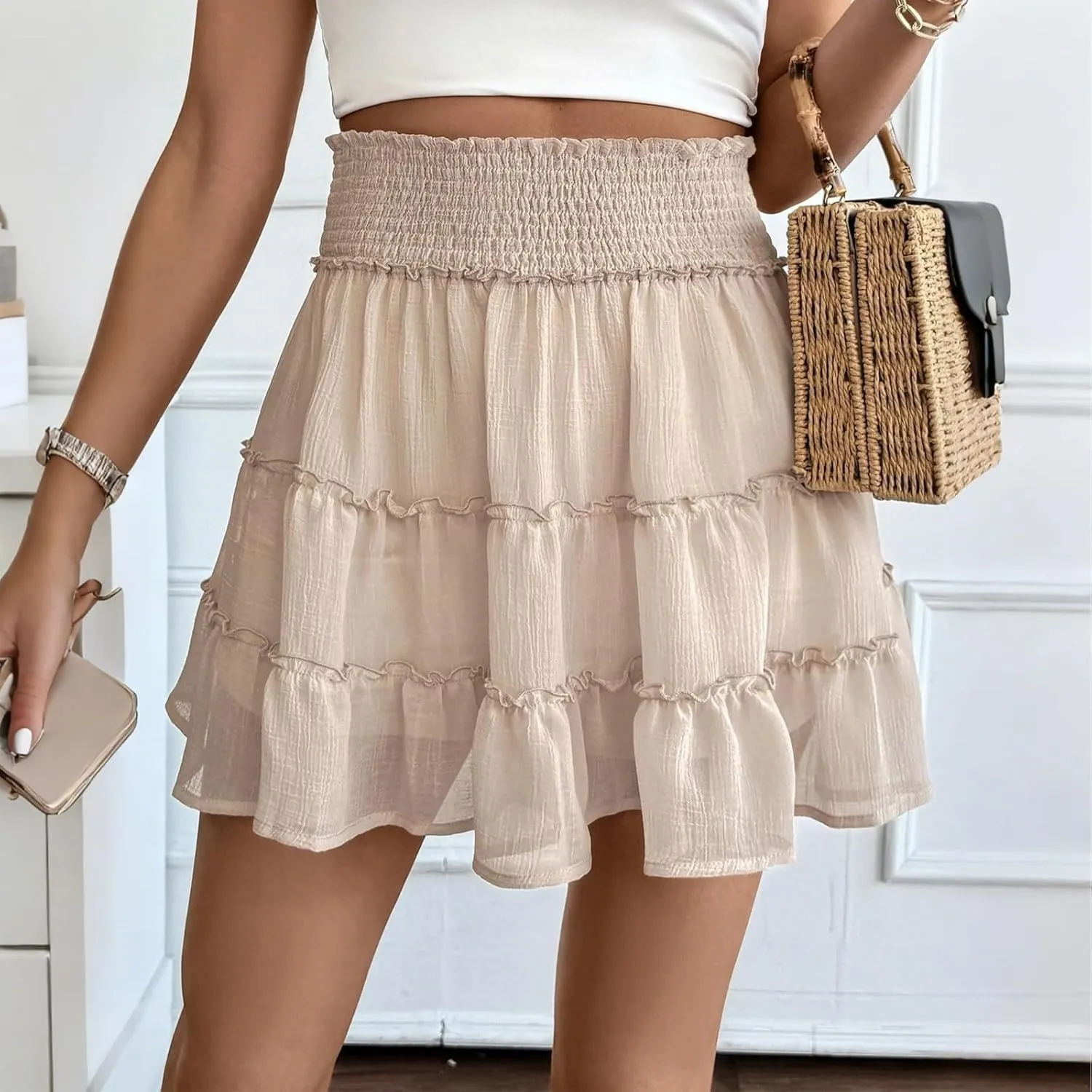 Womens Mini Skirt with Shorts Underneath Smocked Tiered Ruffle Flowy Cute Skirts 2025 Summer A Line Short Beach Skirt