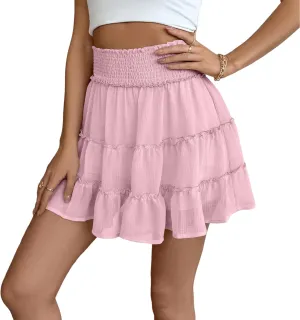 Womens Mini Skirt with Shorts Underneath Smocked Tiered Ruffle Flowy Cute Skirts 2025 Summer A Line Short Beach Skirt