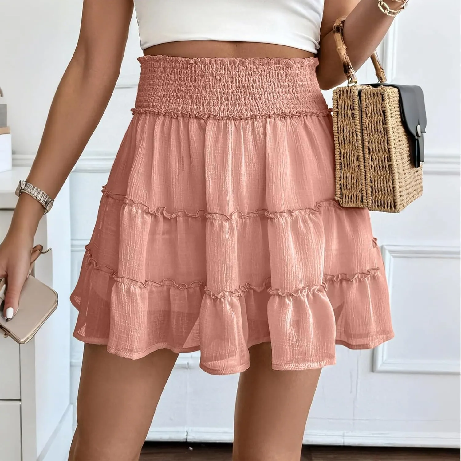 Womens Mini Skirt with Shorts Underneath Smocked Tiered Ruffle Flowy Cute Skirts 2025 Summer A Line Short Beach Skirt