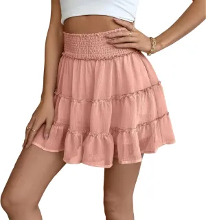 Womens Mini Skirt with Shorts Underneath Smocked Tiered Ruffle Flowy Cute Skirts 2025 Summer A Line Short Beach Skirt
