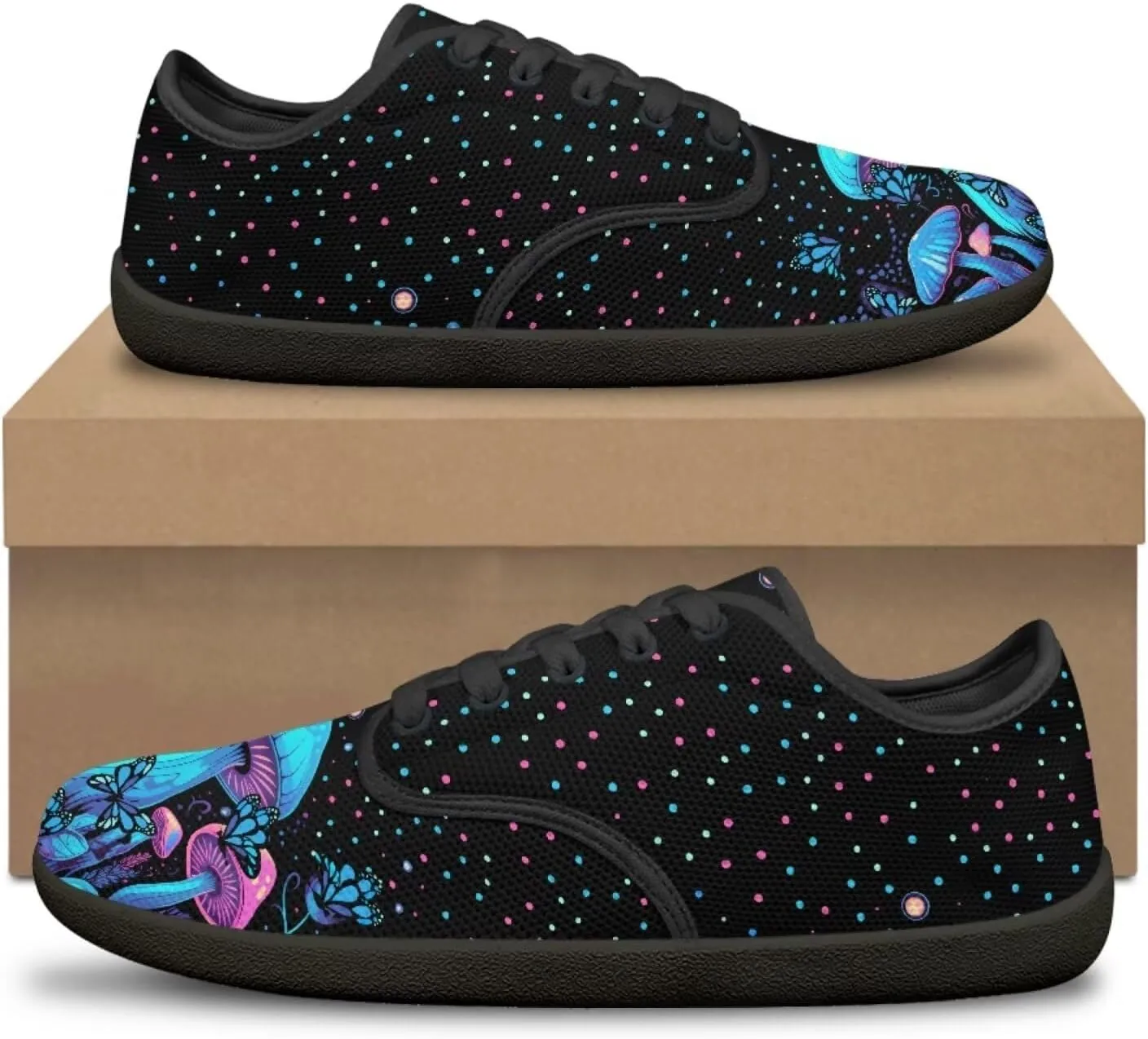 Womens Mushroom Print Barefoot Shoes Wide Toe Zero Drop Casual Sneakers Lace Up Non Slip Walking Footwear