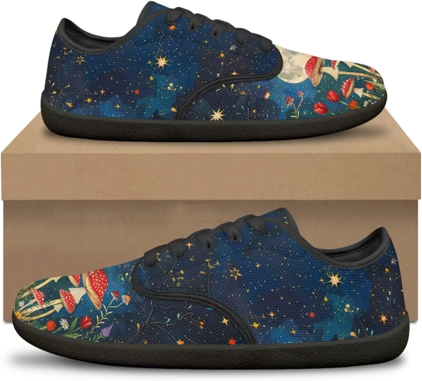 Womens Mushroom Print Barefoot Shoes Wide Toe Zero Drop Casual Sneakers Lace Up Non Slip Walking Footwear