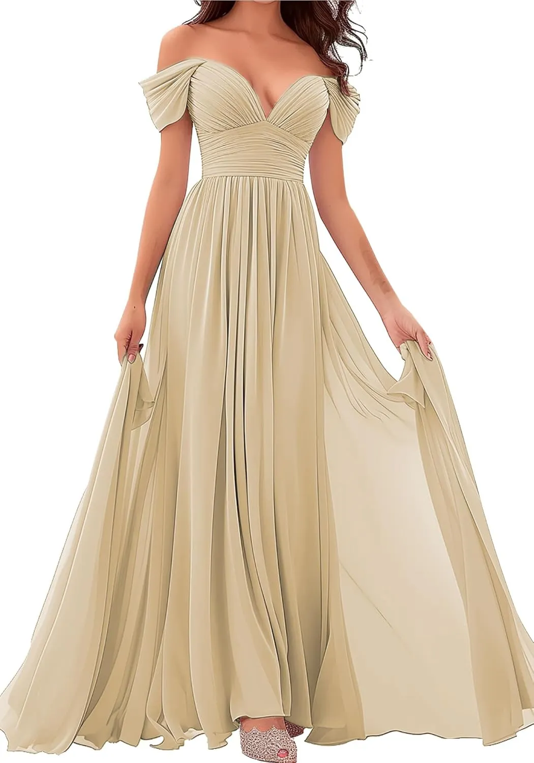 Women's Off-Shoulder Bridesmaid Dresses - Chiffon Formal Dress Evening Gown for Wedding