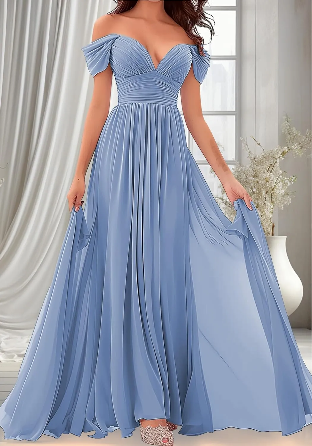 Women's Off-Shoulder Bridesmaid Dresses - Chiffon Formal Dress Evening Gown for Wedding