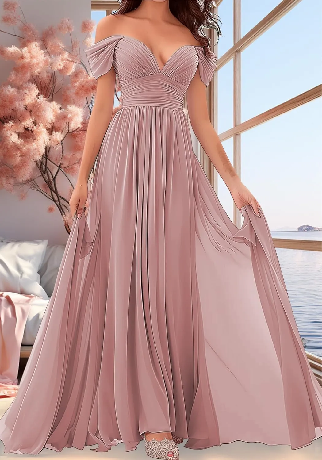 Women's Off-Shoulder Bridesmaid Dresses - Chiffon Formal Dress Evening Gown for Wedding