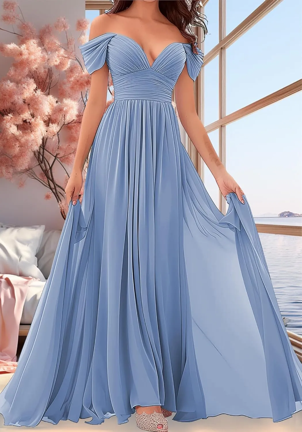 Women's Off-Shoulder Bridesmaid Dresses - Chiffon Formal Dress Evening Gown for Wedding
