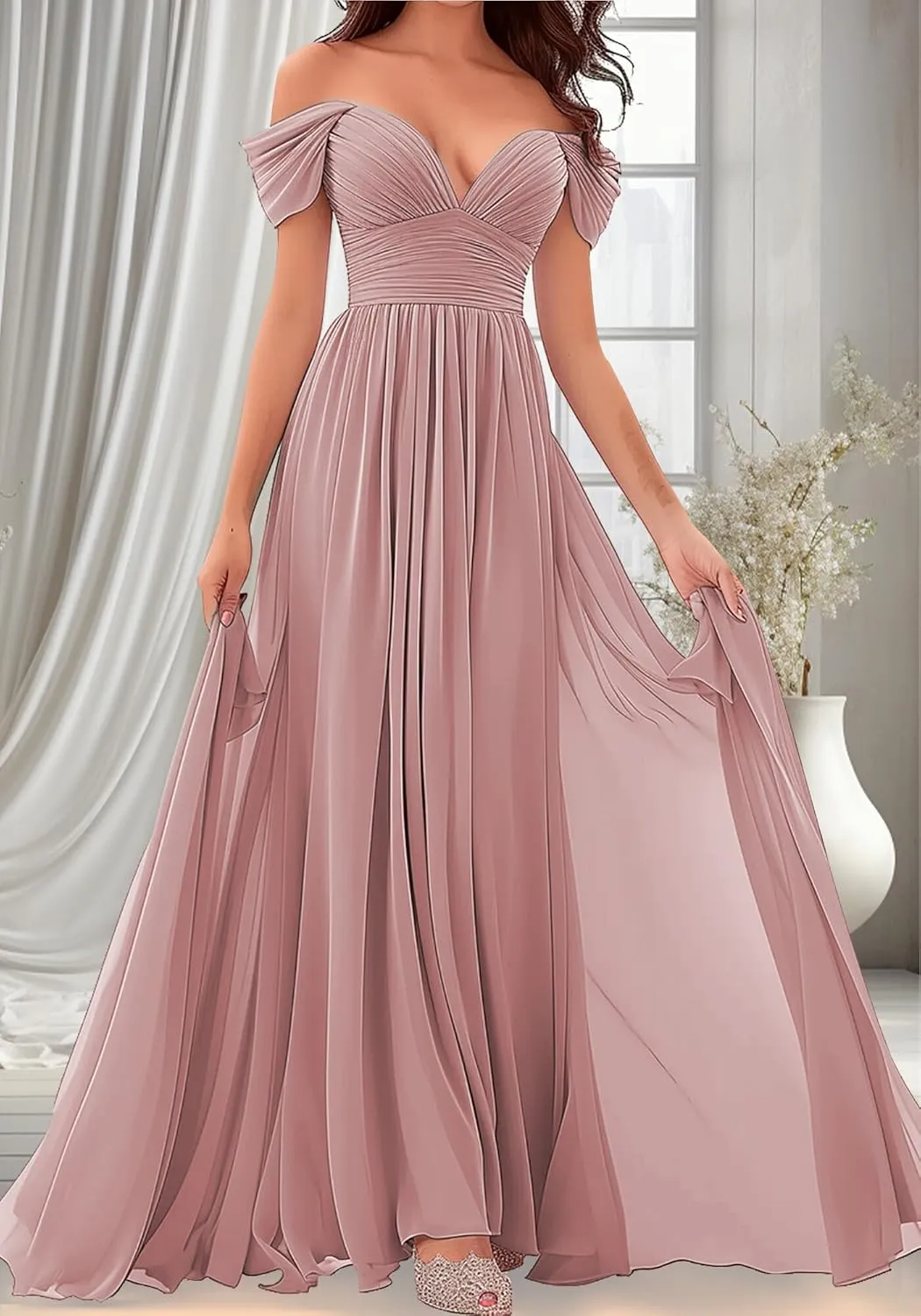 Women's Off-Shoulder Bridesmaid Dresses - Chiffon Formal Dress Evening Gown for Wedding