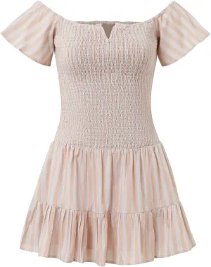 Women's Off Shoulder Square Neck Sumemr Short Sleeve Smock Ruffler Mini Dress