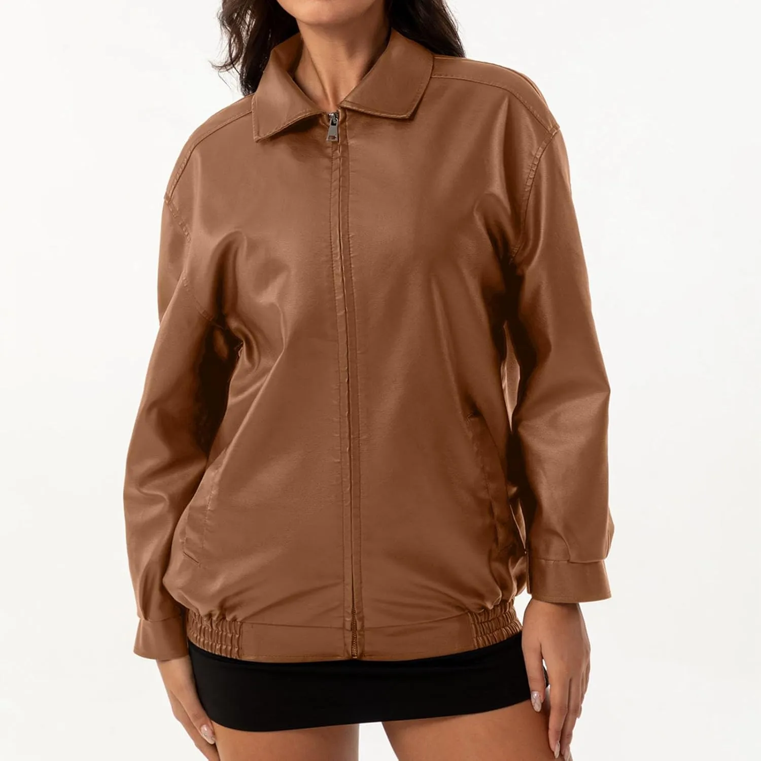 Womens Oversized Leather Jackets Faux Casual Zip Up Casual Bomber Fall Fashion Motorcycle Jacket with Pockets