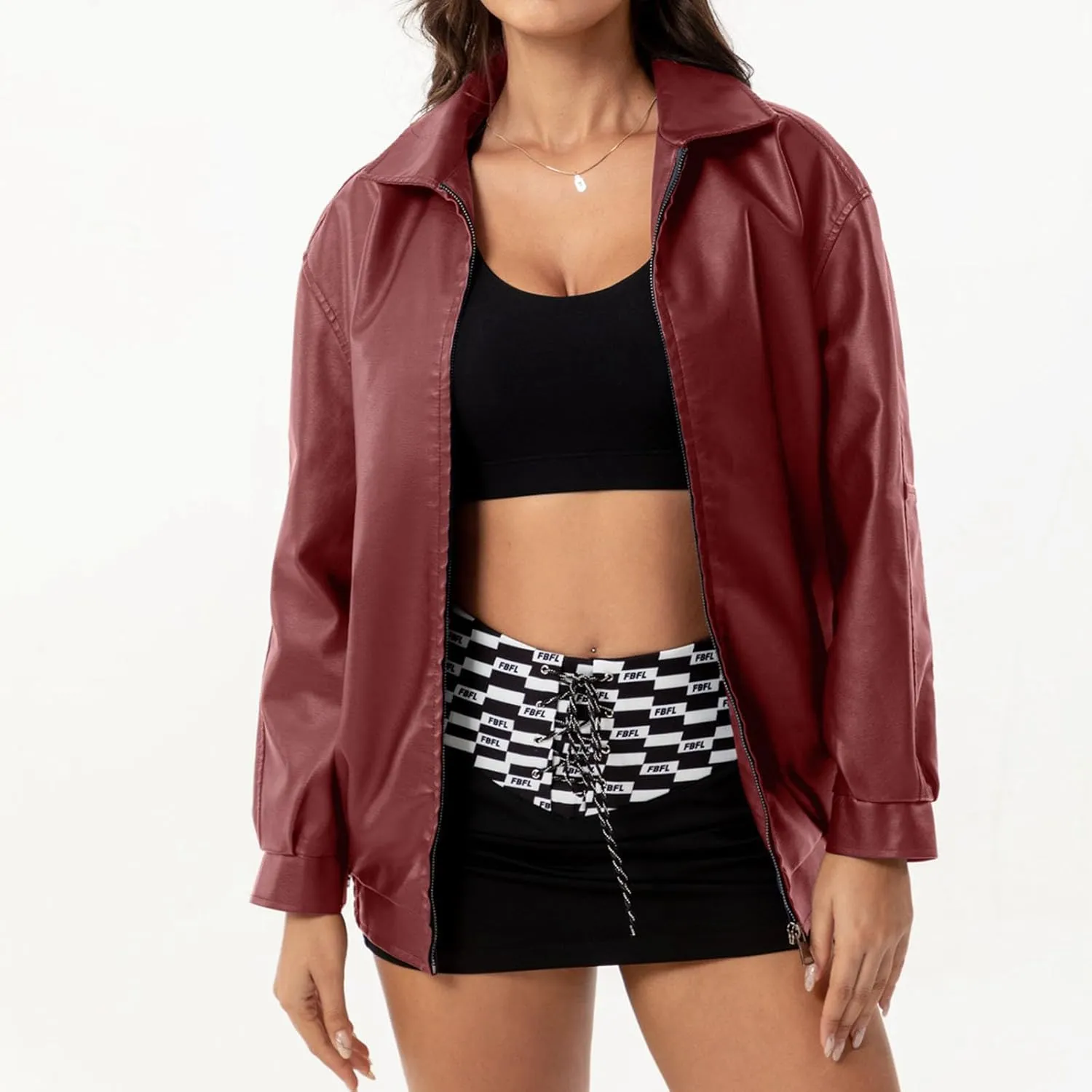 Womens Oversized Leather Jackets Faux Casual Zip Up Casual Bomber Fall Fashion Motorcycle Jacket with Pockets