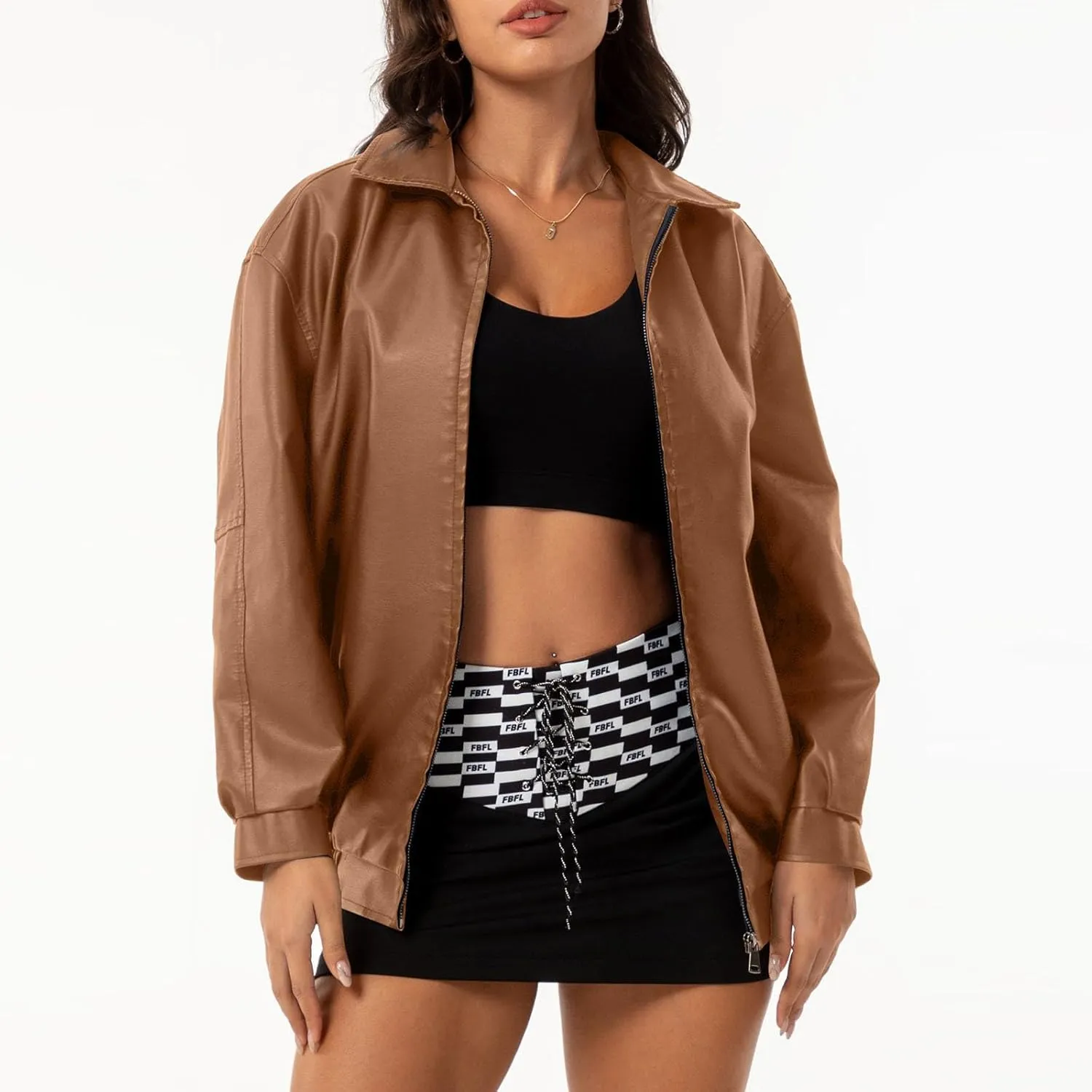 Womens Oversized Leather Jackets Faux Casual Zip Up Casual Bomber Fall Fashion Motorcycle Jacket with Pockets