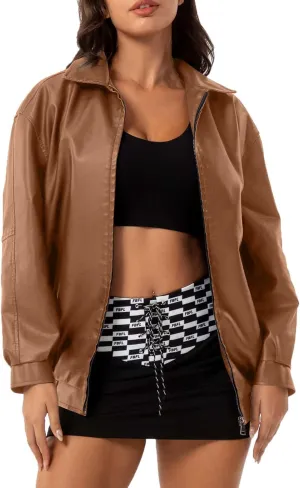 Womens Oversized Leather Jackets Faux Casual Zip Up Casual Bomber Fall Fashion Motorcycle Jacket with Pockets