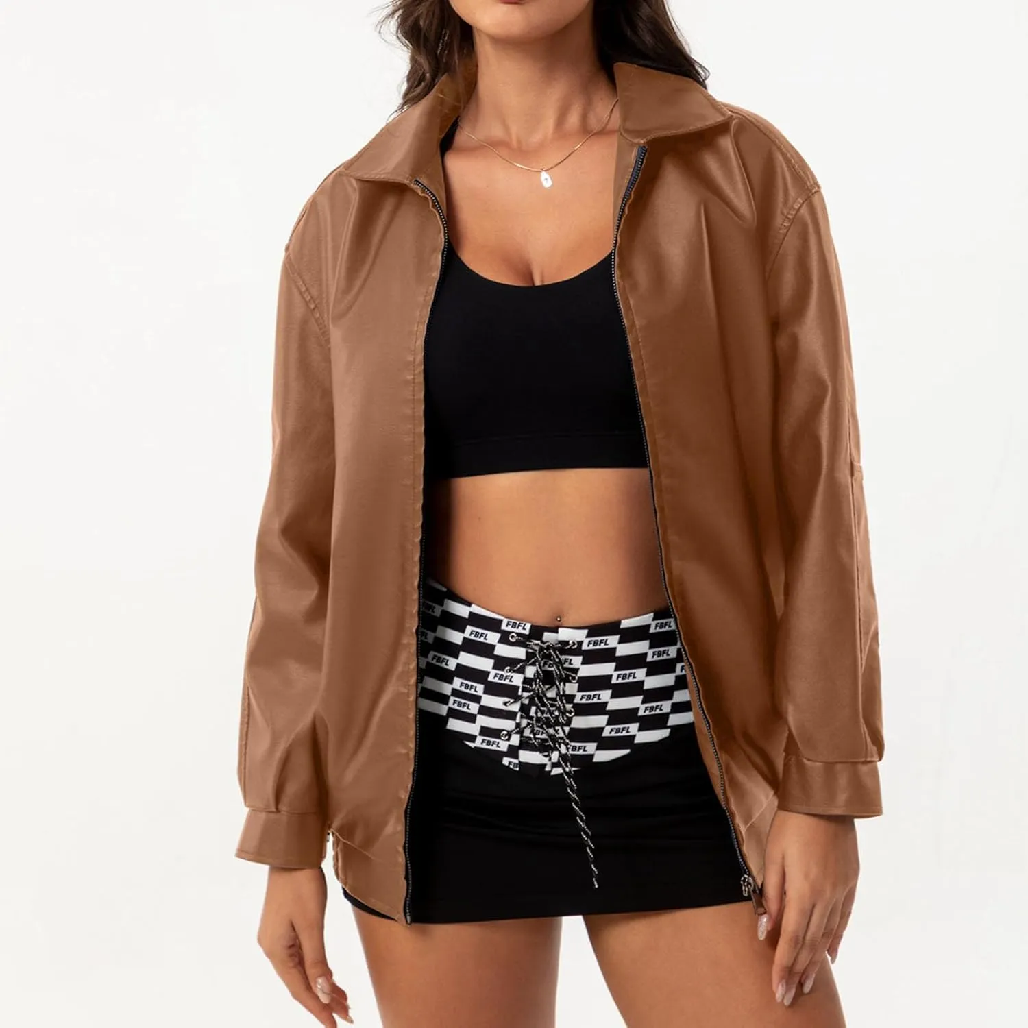 Womens Oversized Leather Jackets Faux Casual Zip Up Casual Bomber Fall Fashion Motorcycle Jacket with Pockets
