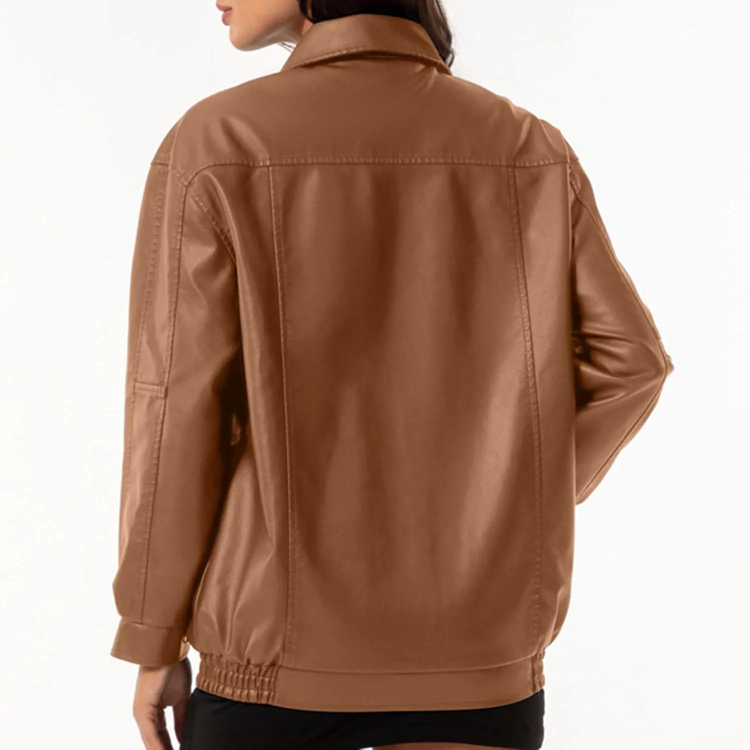 Womens Oversized Leather Jackets Faux Casual Zip Up Casual Bomber Fall Fashion Motorcycle Jacket with Pockets
