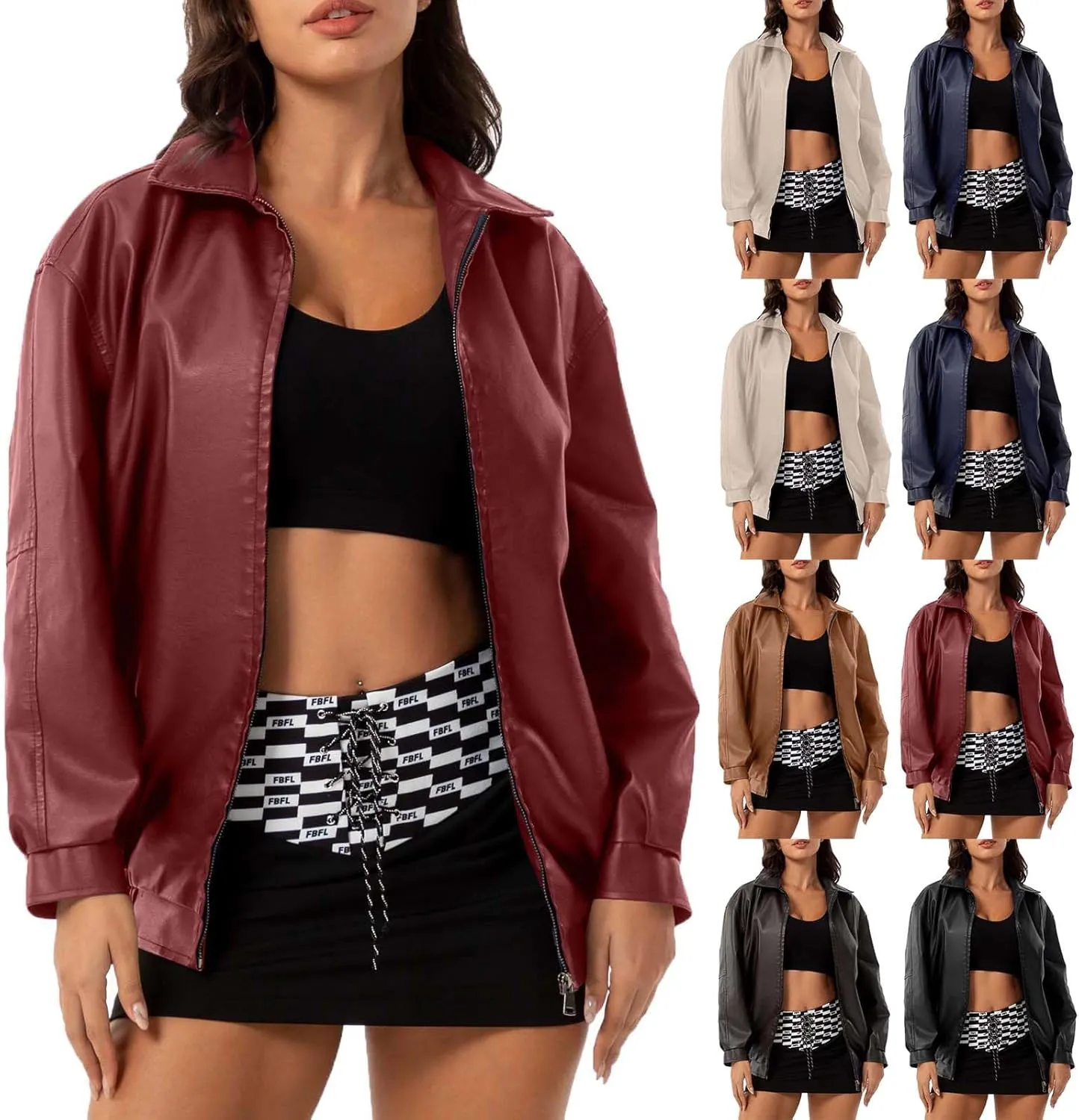 Womens Oversized Leather Jackets Faux Casual Zip Up Casual Bomber Fall Fashion Motorcycle Jacket with Pockets