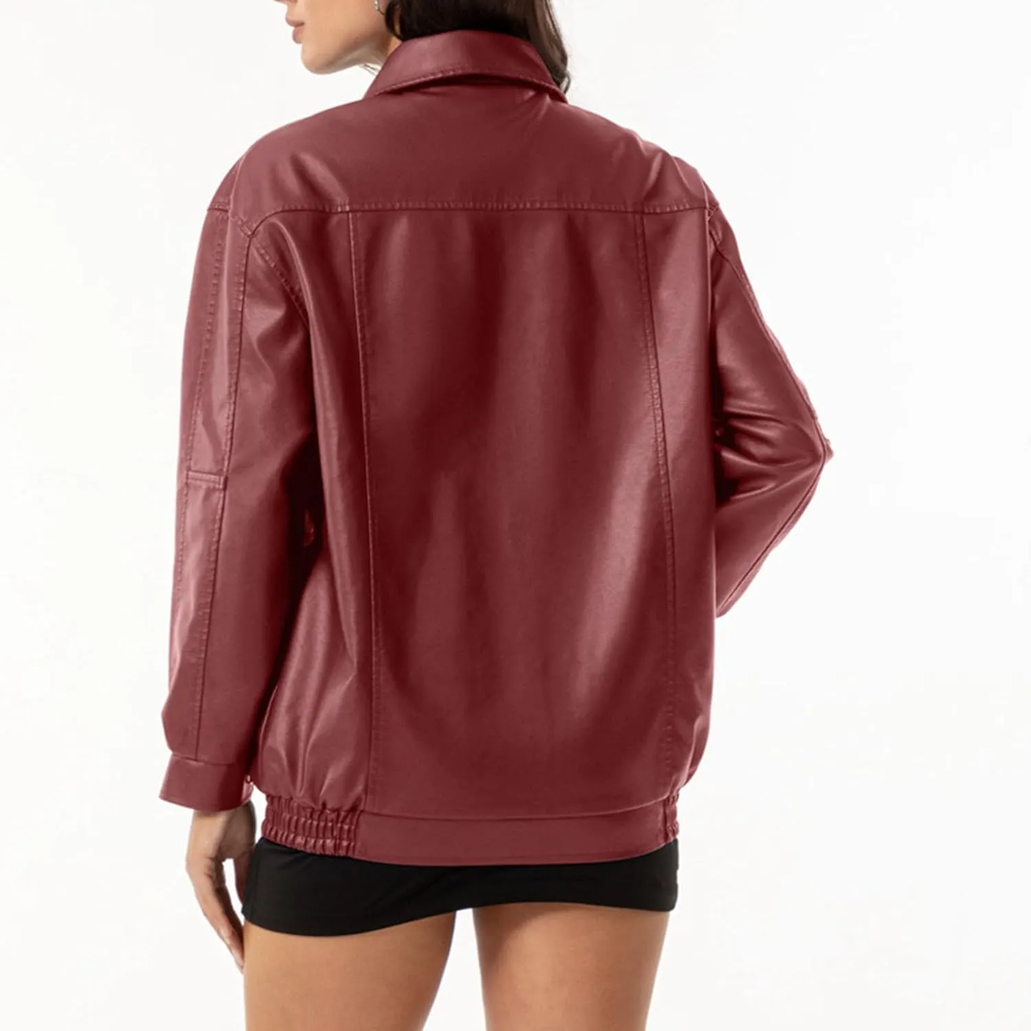 Womens Oversized Leather Jackets Faux Casual Zip Up Casual Bomber Fall Fashion Motorcycle Jacket with Pockets