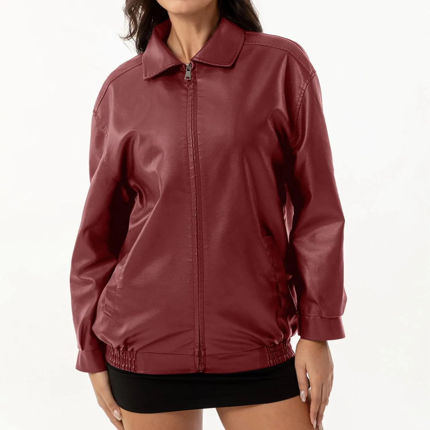 Womens Oversized Leather Jackets Faux Casual Zip Up Casual Bomber Fall Fashion Motorcycle Jacket with Pockets