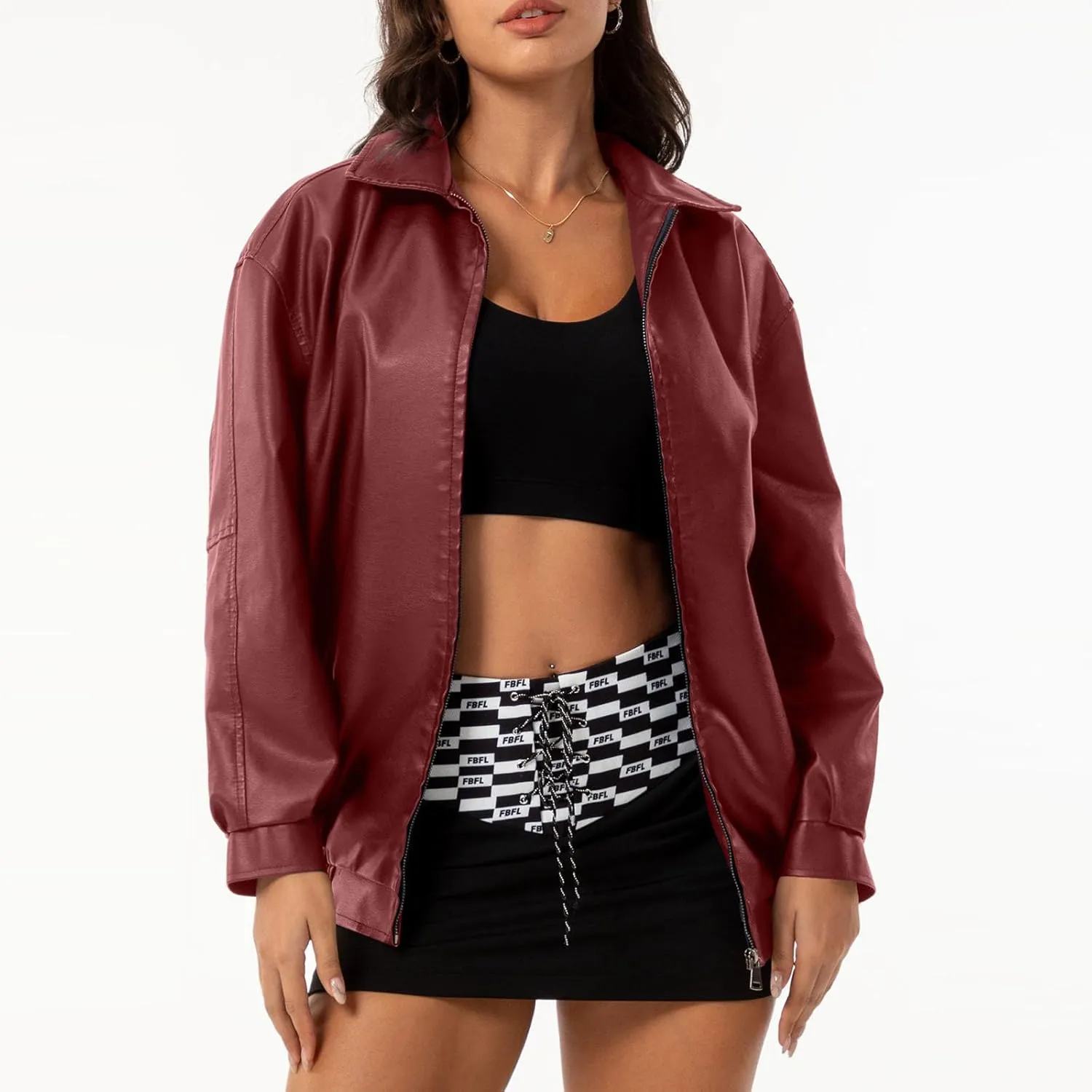 Womens Oversized Leather Jackets Faux Casual Zip Up Casual Bomber Fall Fashion Motorcycle Jacket with Pockets
