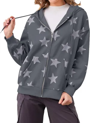 Women's Oversized Star Graphic Zip-Up Hoodie, Casual Sweatshirt, Streetwear Zipper Preppy Hoodie With Pockets