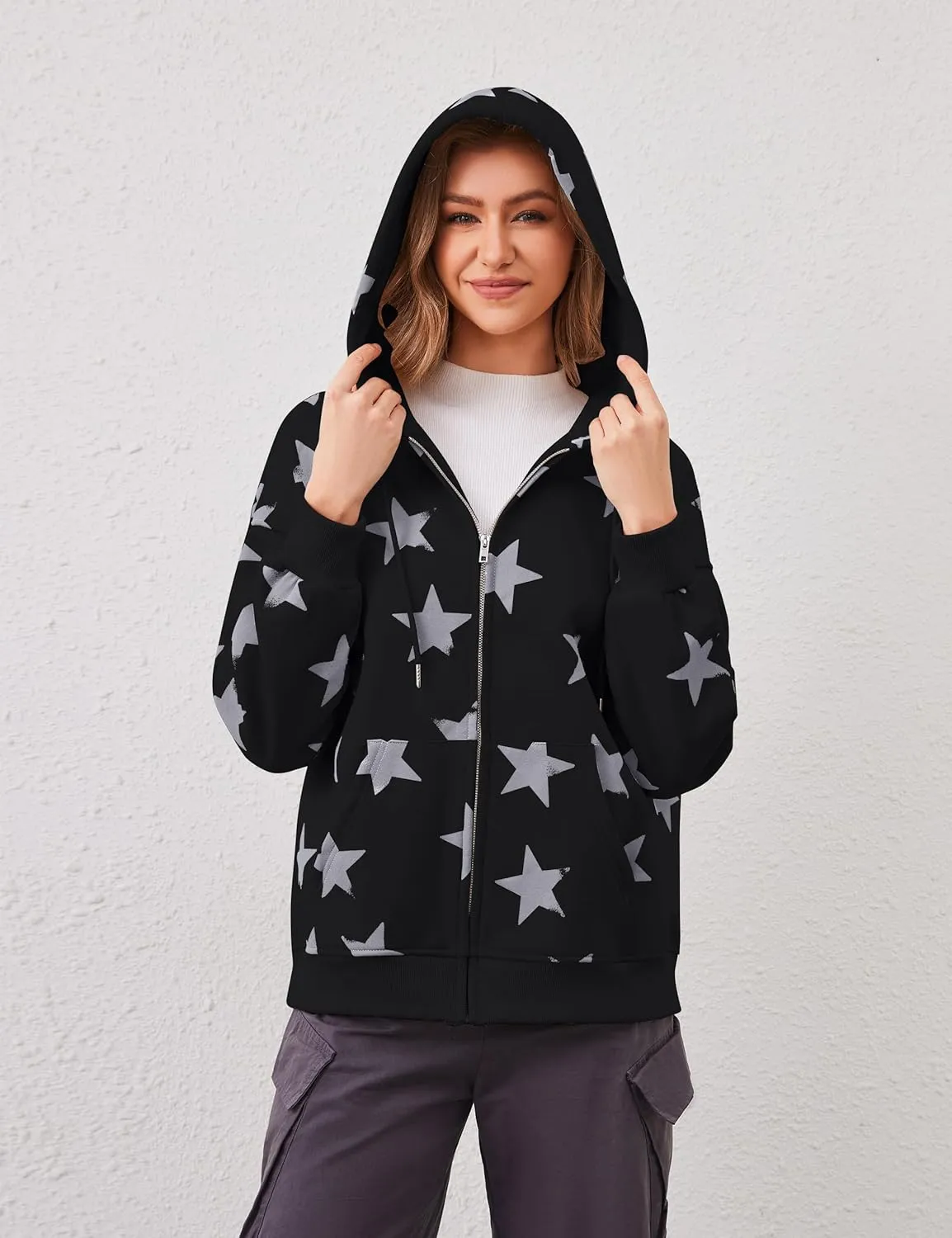 Women's Oversized Star Graphic Zip-Up Hoodie, Casual Sweatshirt, Streetwear Zipper Preppy Hoodie With Pockets