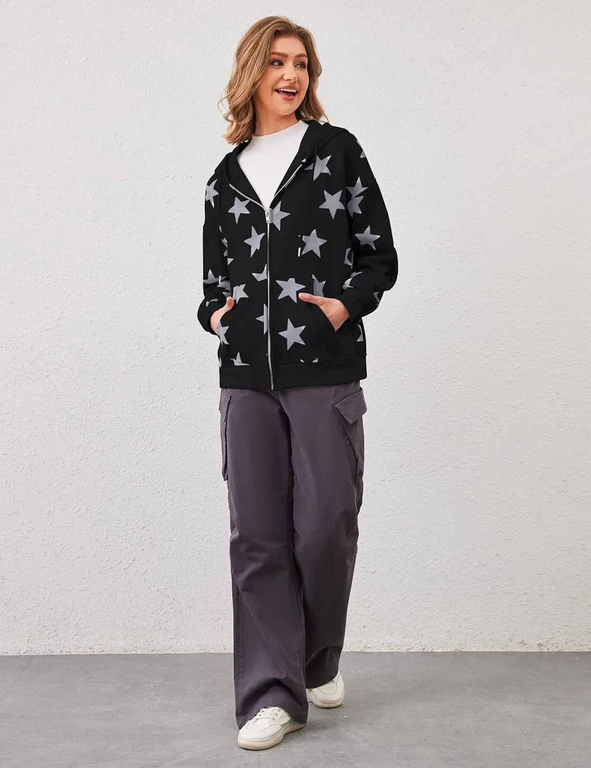 Women's Oversized Star Graphic Zip-Up Hoodie, Casual Sweatshirt, Streetwear Zipper Preppy Hoodie With Pockets
