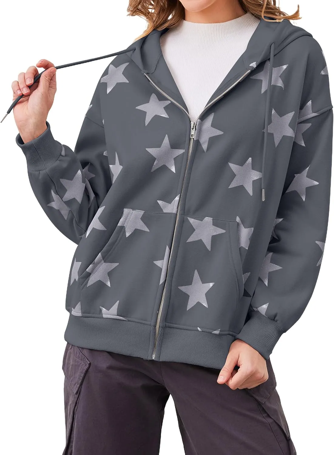 Women's Oversized Star Graphic Zip-Up Hoodie, Casual Sweatshirt, Streetwear Zipper Preppy Hoodie With Pockets