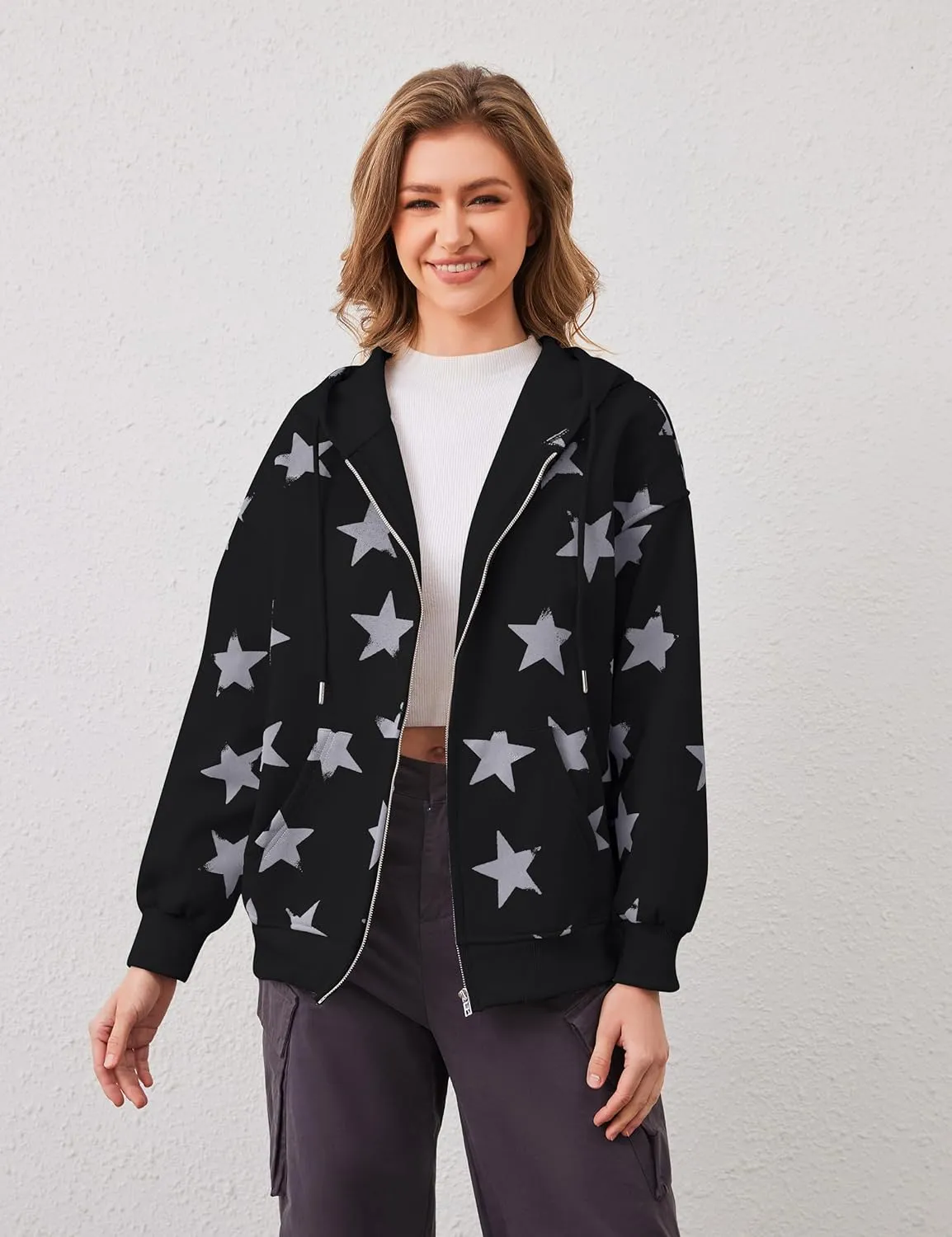 Women's Oversized Star Graphic Zip-Up Hoodie, Casual Sweatshirt, Streetwear Zipper Preppy Hoodie With Pockets