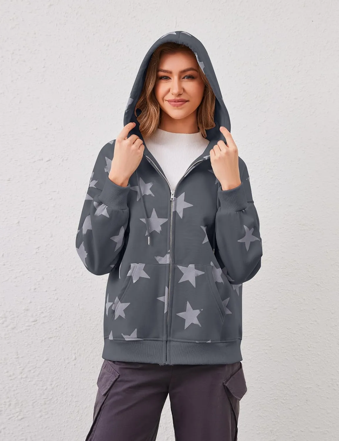 Women's Oversized Star Graphic Zip-Up Hoodie, Casual Sweatshirt, Streetwear Zipper Preppy Hoodie With Pockets