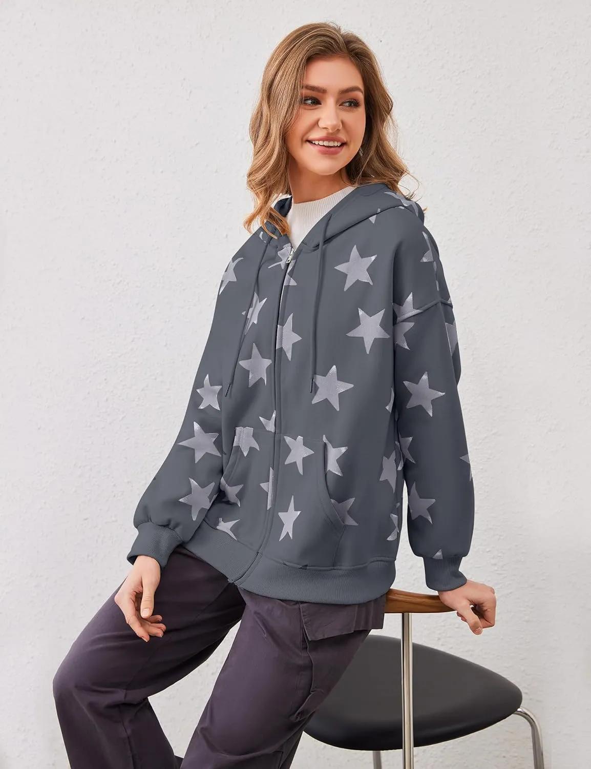 Women's Oversized Star Graphic Zip-Up Hoodie, Casual Sweatshirt, Streetwear Zipper Preppy Hoodie With Pockets