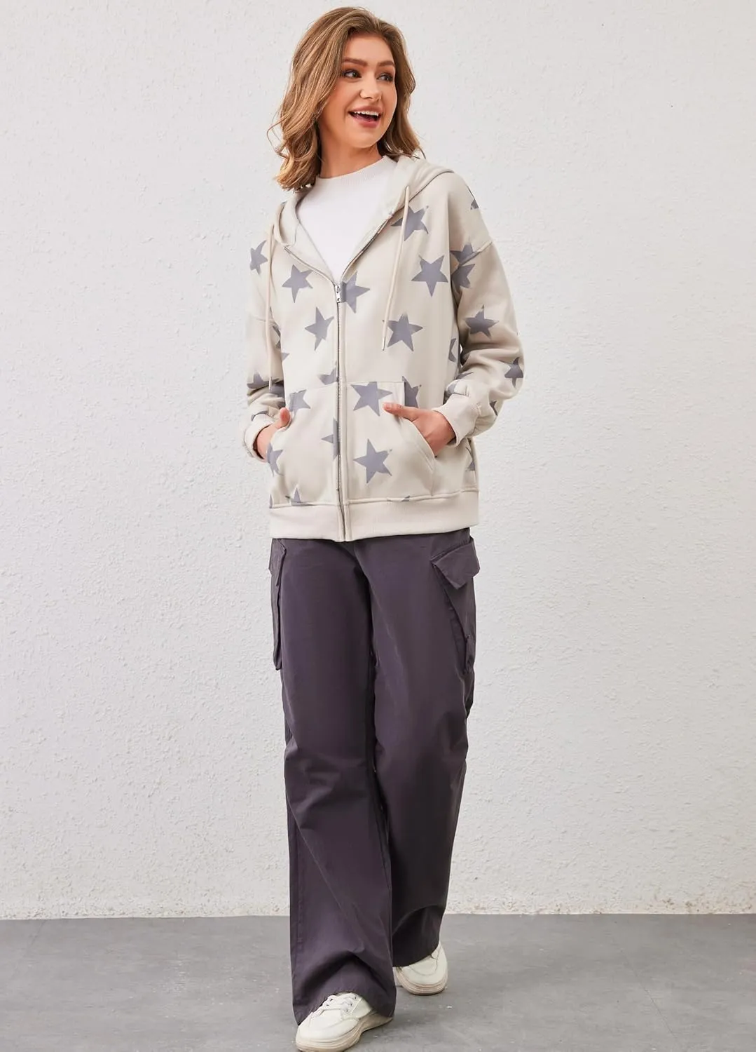 Women's Oversized Star Graphic Zip-Up Hoodie, Casual Sweatshirt, Streetwear Zipper Preppy Hoodie With Pockets