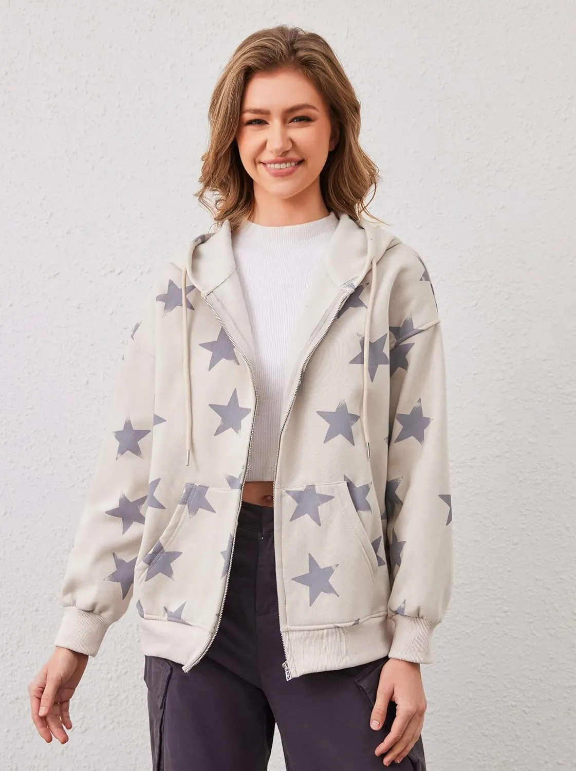 Women's Oversized Star Graphic Zip-Up Hoodie, Casual Sweatshirt, Streetwear Zipper Preppy Hoodie With Pockets