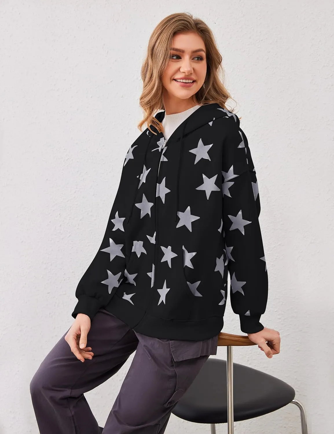 Women's Oversized Star Graphic Zip-Up Hoodie, Casual Sweatshirt, Streetwear Zipper Preppy Hoodie With Pockets