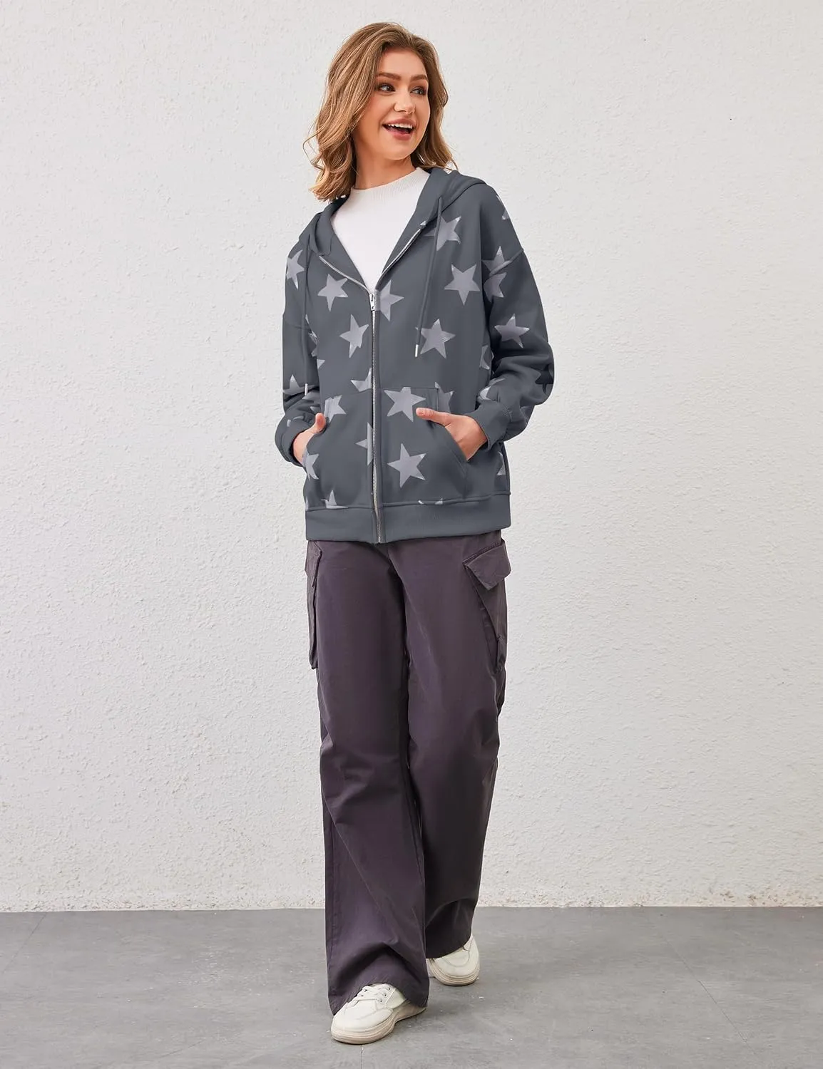 Women's Oversized Star Graphic Zip-Up Hoodie, Casual Sweatshirt, Streetwear Zipper Preppy Hoodie With Pockets