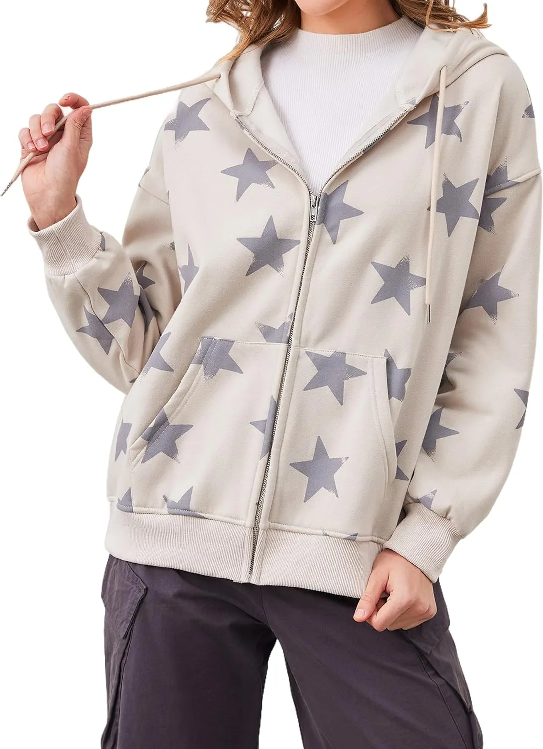 Women's Oversized Star Graphic Zip-Up Hoodie, Casual Sweatshirt, Streetwear Zipper Preppy Hoodie With Pockets