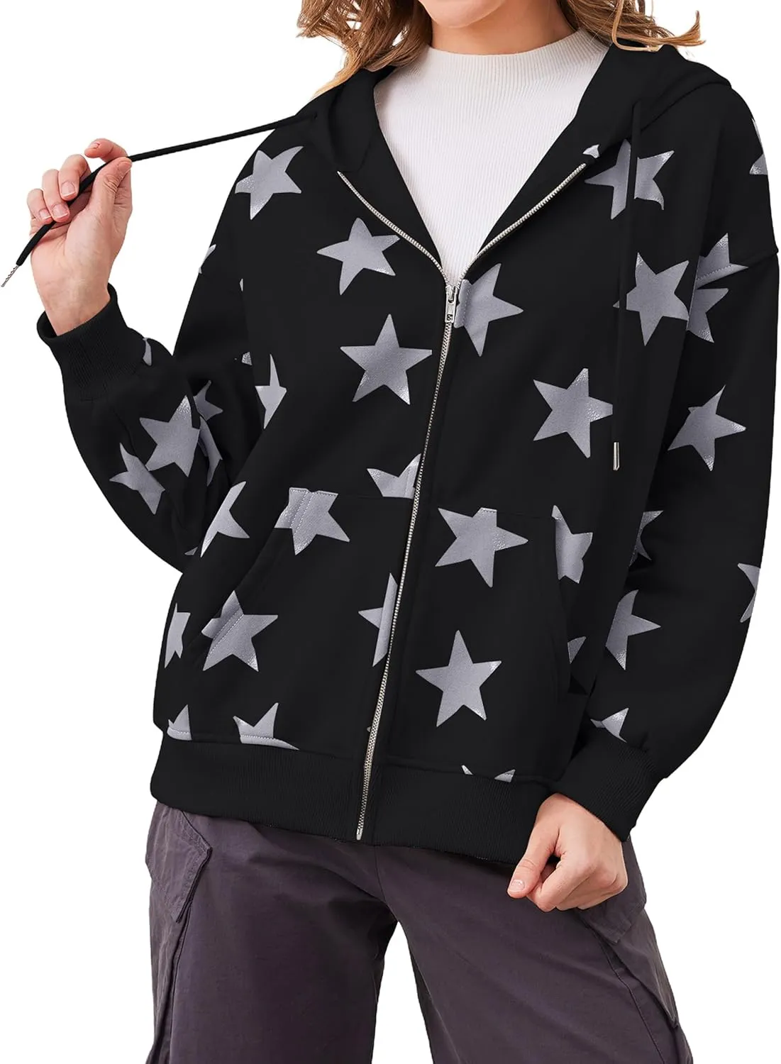 Women's Oversized Star Graphic Zip-Up Hoodie, Casual Sweatshirt, Streetwear Zipper Preppy Hoodie With Pockets