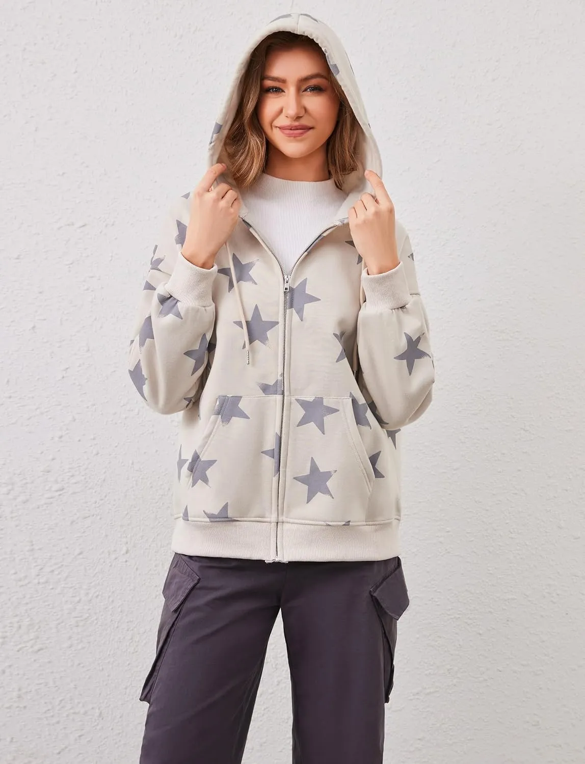 Women's Oversized Star Graphic Zip-Up Hoodie, Casual Sweatshirt, Streetwear Zipper Preppy Hoodie With Pockets