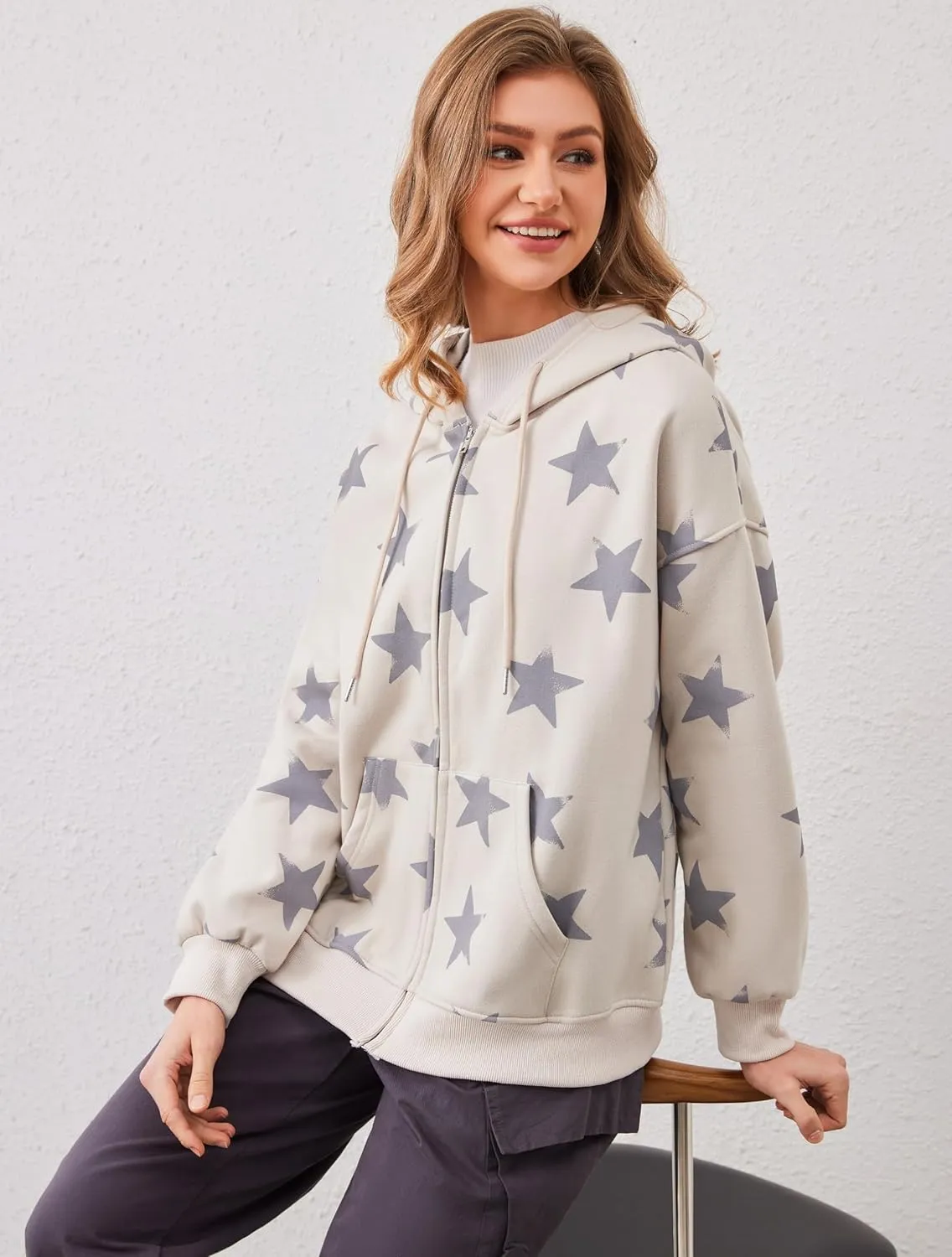 Women's Oversized Star Graphic Zip-Up Hoodie, Casual Sweatshirt, Streetwear Zipper Preppy Hoodie With Pockets