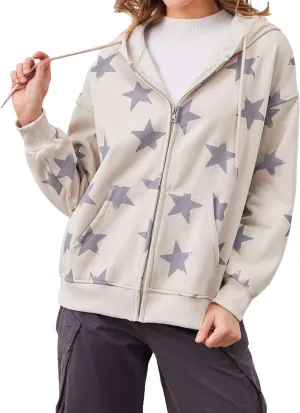 Women's Oversized Star Graphic Zip-Up Hoodie, Casual Sweatshirt, Streetwear Zipper Preppy Hoodie With Pockets