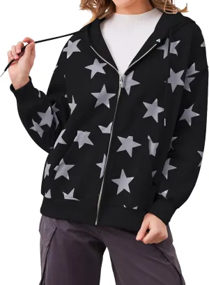Women's Oversized Star Graphic Zip-Up Hoodie, Casual Sweatshirt, Streetwear Zipper Preppy Hoodie With Pockets