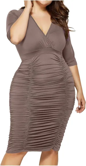 Womens Plus Size Bodycon Dress Half Sleeve Wrap V Neck Ruched Stretchy Midi Dresses Sexy Cocktail Party Formal Dresses
