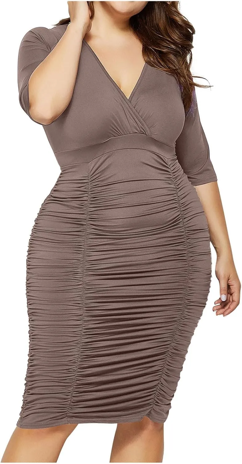 Womens Plus Size Bodycon Dress Half Sleeve Wrap V Neck Ruched Stretchy Midi Dresses Sexy Cocktail Party Formal Dresses