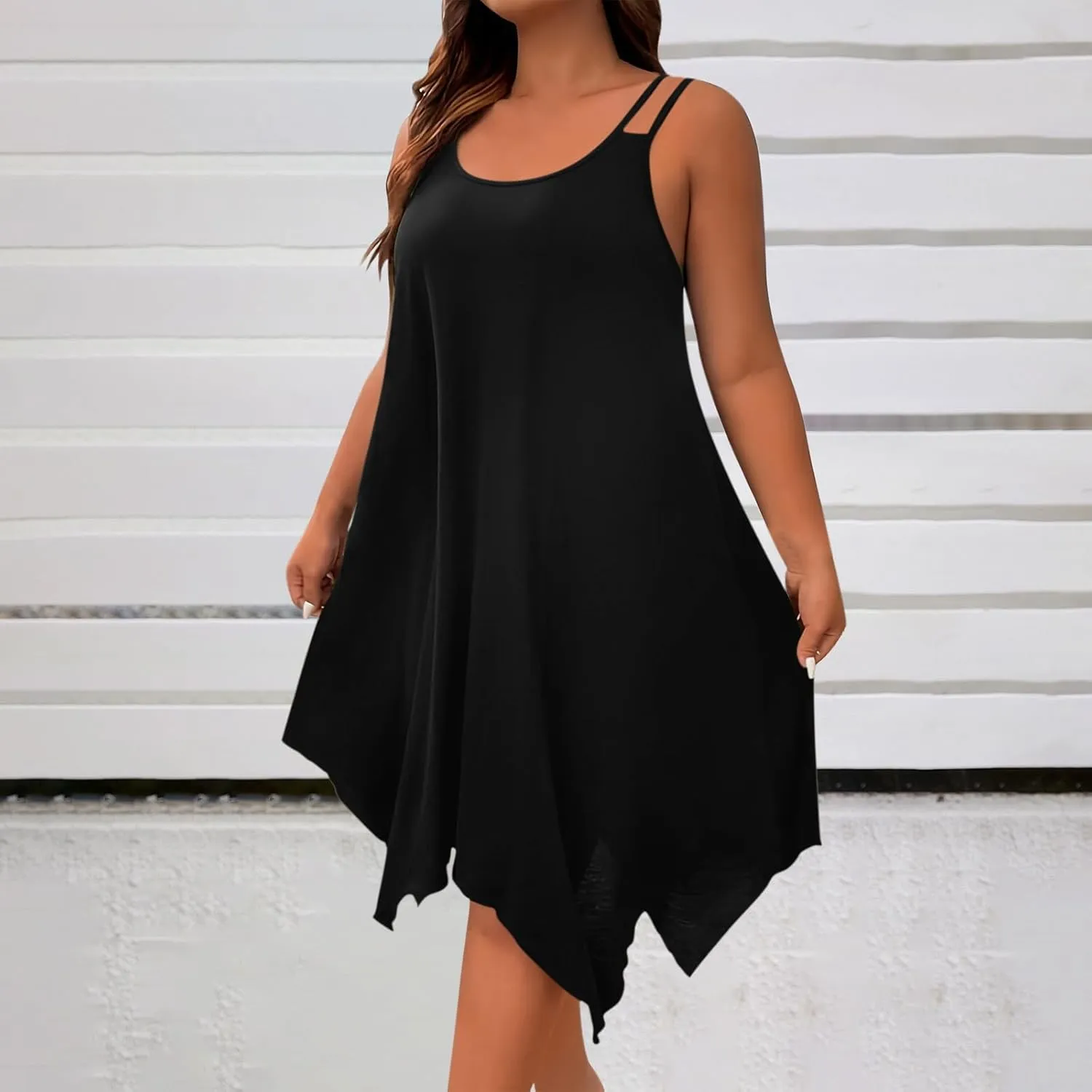Womens Plus Size Dresses 2025 Summer Sleeveless Scoop Neck Asymmetrical Hem Flowy Midi Cami Dress Casual Loose Dresess
