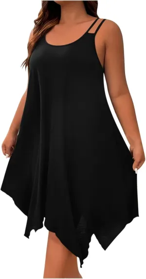 Womens Plus Size Dresses 2025 Summer Sleeveless Scoop Neck Asymmetrical Hem Flowy Midi Cami Dress Casual Loose Dresess