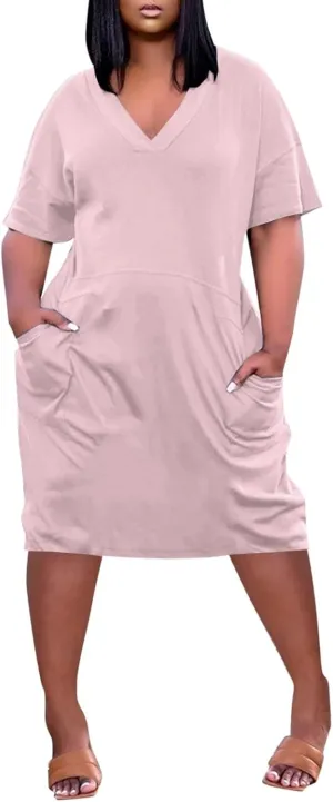 Women's Plus Size Dresses Short Sleeve V Neck Midi Beach Vacation Casual Dress with Pockets for Curvy Women