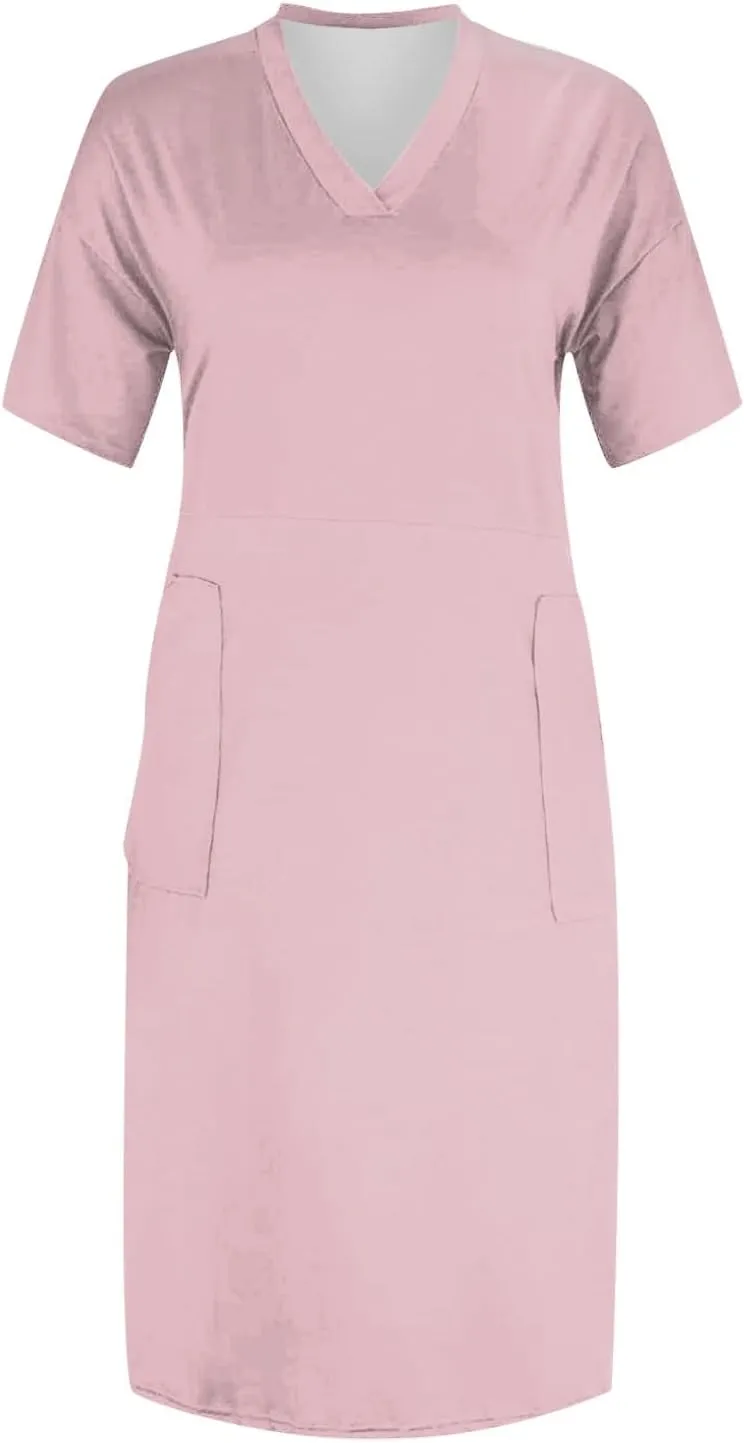 Women's Plus Size Dresses Short Sleeve V Neck Midi Beach Vacation Casual Dress with Pockets for Curvy Women